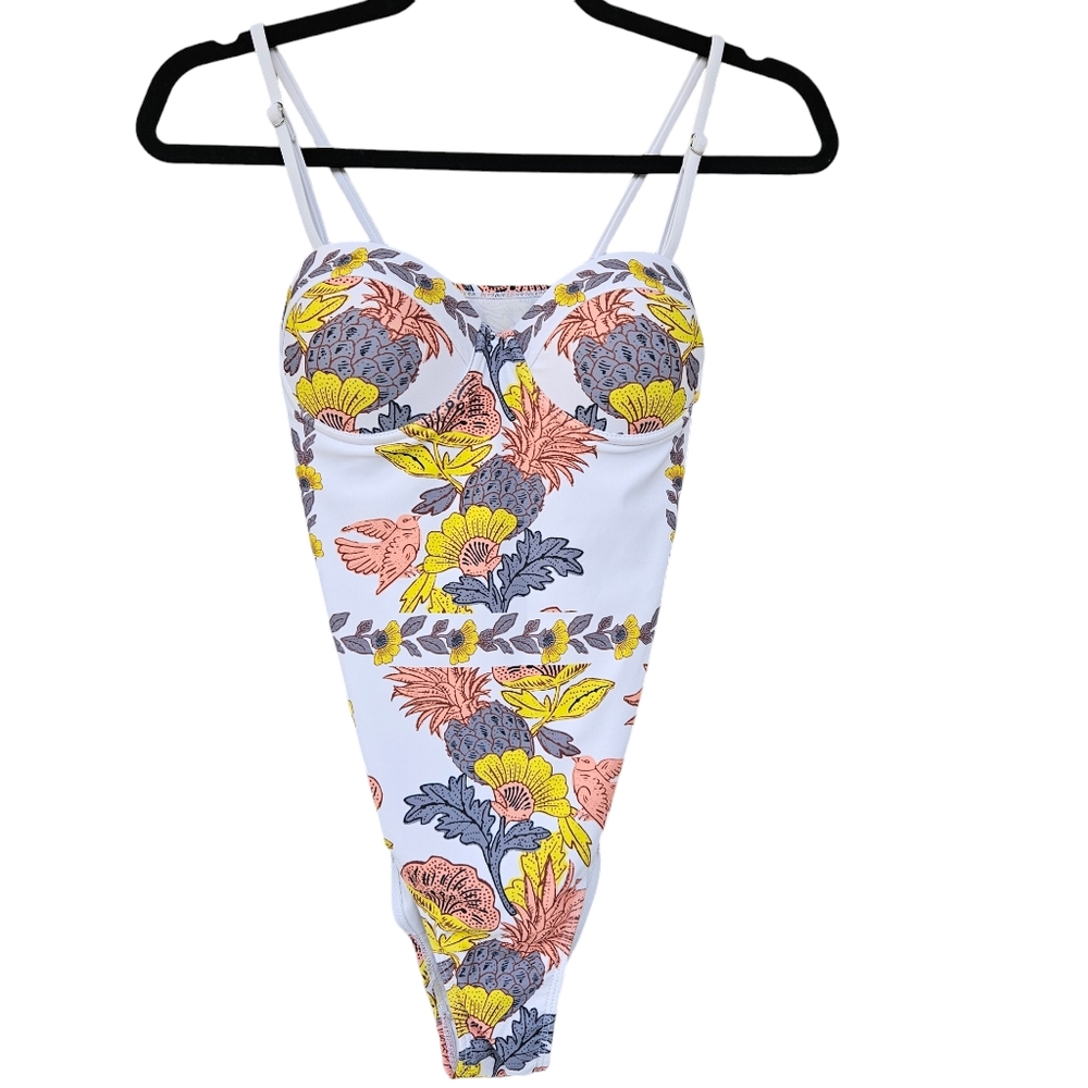Floral Embroidered Bustier One‎ Piece Swimsuit Push Up Underwire Sz MEDIUM